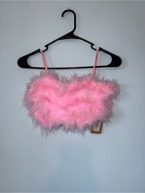 Pink Feathered Crop Top - Flirty Fuzzy Spaghetti Strap